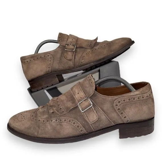 Lottusse Plomo Suede Monk Strap Kiltie Wingtip Loafers Brown L7128 Men's 9.5