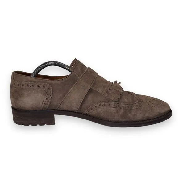 Lottusse Plomo Suede Monk Strap Kiltie Wingtip Loafers Brown L7128 Men's 9.5