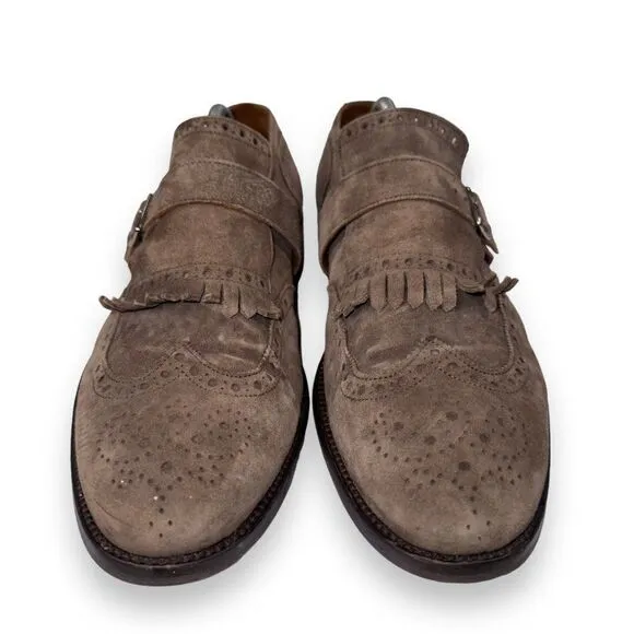 Lottusse Plomo Suede Monk Strap Kiltie Wingtip Loafers Brown L7128 Men's 9.5