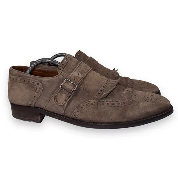 Lottusse Plomo Suede Monk Strap Kiltie Wingtip Loafers Brown L7128 Men's 9.5
