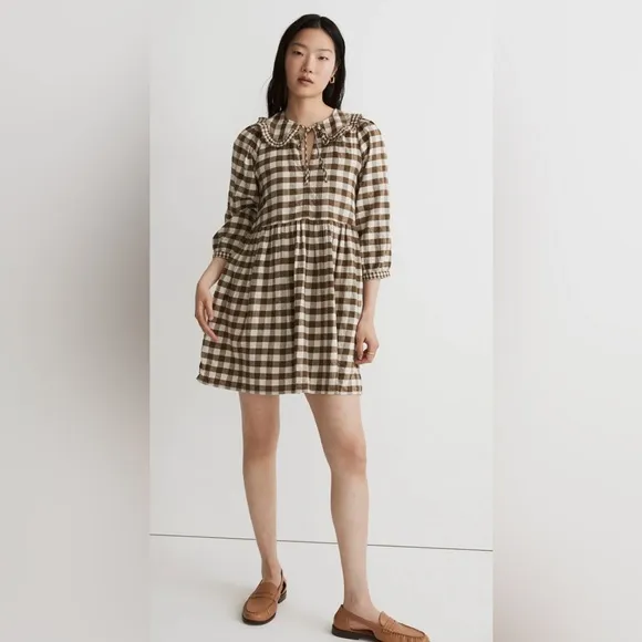 Madewell Women’s Gingham Collared Puff-Sleeve Mini Dress, Size Medium