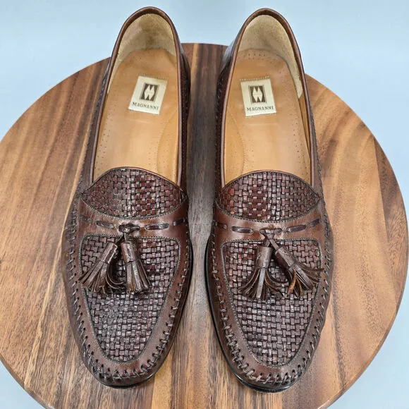 Magnanni Loafers Men's 13 M Brown Leather Woven Tassels Slip On Dress Shoes