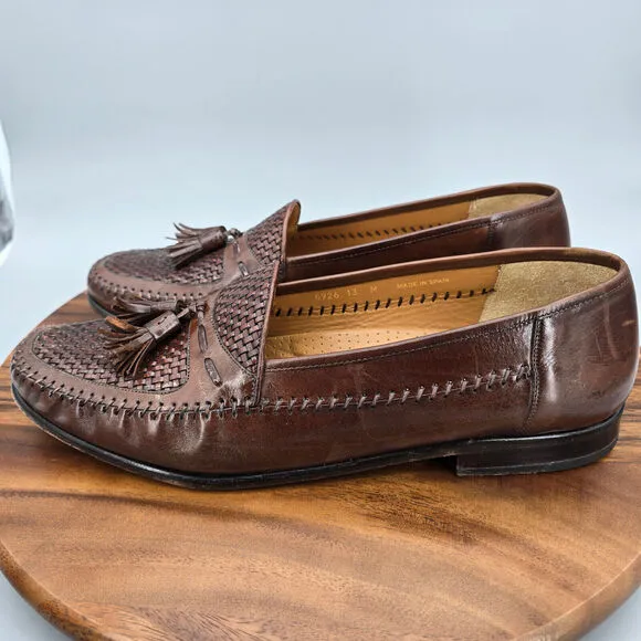 Magnanni Loafers Men's 13 M Brown Leather Woven Tassels Slip On Dress Shoes