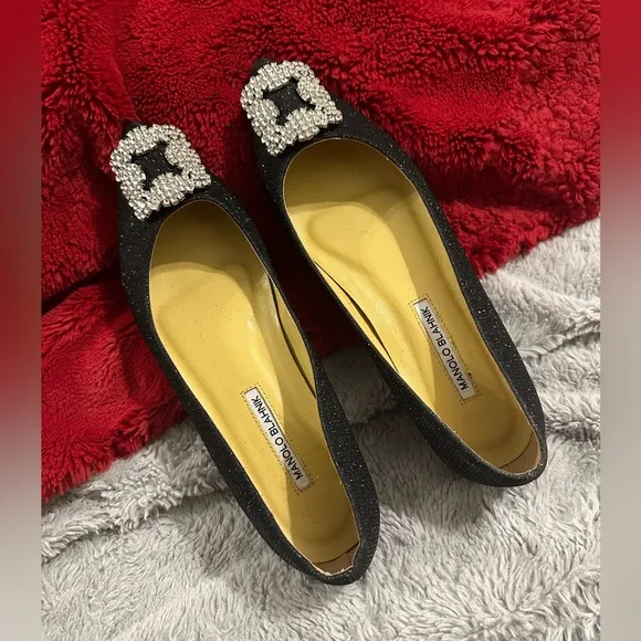 Manolo Blahnik Hangisi Flats Size 42 Black Glitter Jewels Ballet Italy