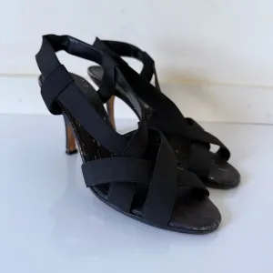 Manolo Blahnik Womens Strappy Elastic Cork Wedge Sandal Heels Black SZ  37.5 7.5