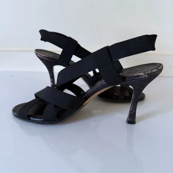 Manolo Blahnik Womens Strappy Elastic Cork Wedge Sandal Heels Black SZ  37.5 7.5