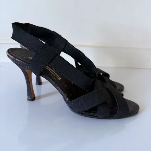 Manolo Blahnik Womens Strappy Elastic Cork Wedge Sandal Heels Black SZ  37.5 7.5
