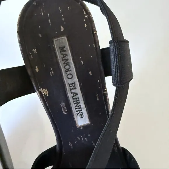Manolo Blahnik Womens Strappy Elastic Cork Wedge Sandal Heels Black SZ  37.5 7.5