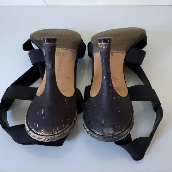 Manolo Blahnik Womens Strappy Elastic Cork Wedge Sandal Heels Black SZ  37.5 7.5