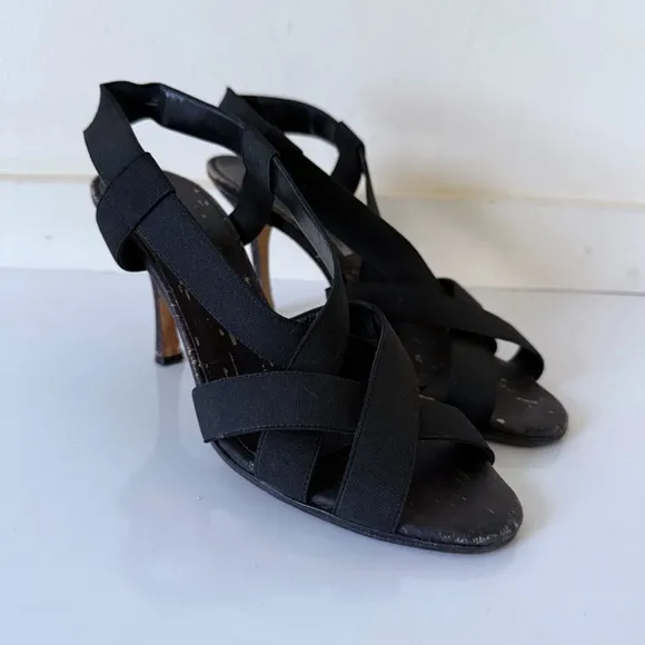 Manolo Blahnik Womens Strappy Elastic Cork Wedge Sandal Heels Black SZ  37.5 7.5