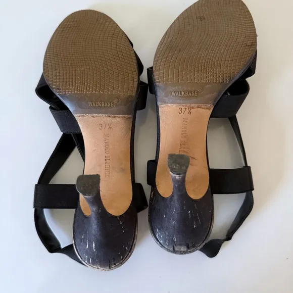 Manolo Blahnik Womens Strappy Elastic Cork Wedge Sandal Heels Black SZ  37.5 7.5
