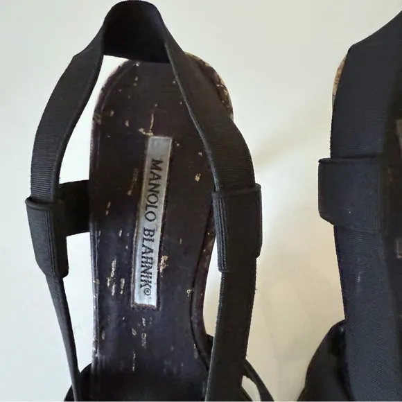 Manolo Blahnik Womens Strappy Elastic Cork Wedge Sandal Heels Black SZ  37.5 7.5