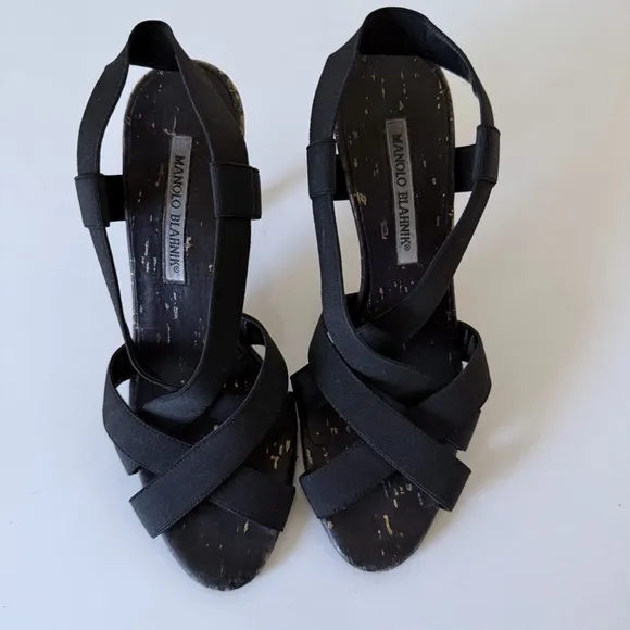 Manolo Blahnik Womens Strappy Elastic Cork Wedge Sandal Heels Black SZ  37.5 7.5