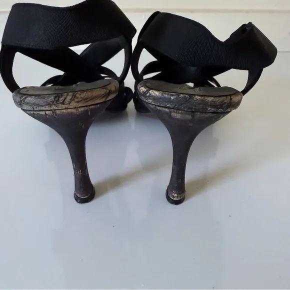 Manolo Blahnik Womens Strappy Elastic Cork Wedge Sandal Heels Black SZ  37.5 7.5