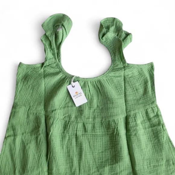 Marine Layer Women's Jude Gauze Tiered Flutter Sleeve Dress Jade Sheen NWT S