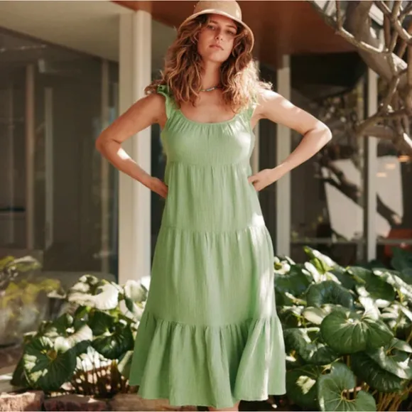 Marine Layer Women's Jude Gauze Tiered Flutter Sleeve Dress Jade Sheen NWT S