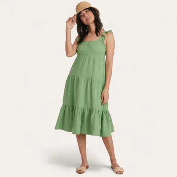 Marine Layer Women's Jude Gauze Tiered Flutter Sleeve Dress Jade Sheen NWT S