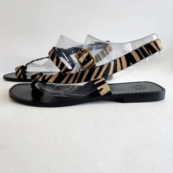 Massimo Dutti Flat Sandals, Black With Leather Animal Print / Cow Hair 41 / 10