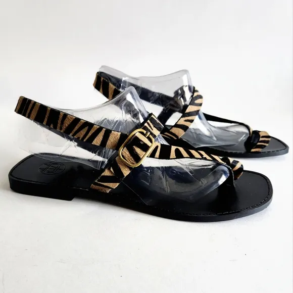 Massimo Dutti Flat Sandals, Black With Leather Animal Print / Cow Hair 41 / 10
