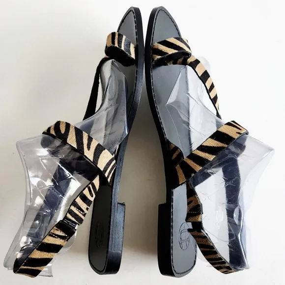Massimo Dutti Flat Sandals, Black With Leather Animal Print / Cow Hair 41 / 10