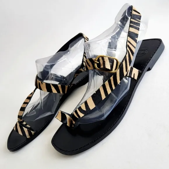 Massimo Dutti Flat Sandals, Black With Leather Animal Print / Cow Hair 41 / 10