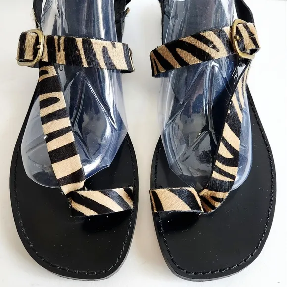 Massimo Dutti Flat Sandals, Black With Leather Animal Print / Cow Hair 41 / 10