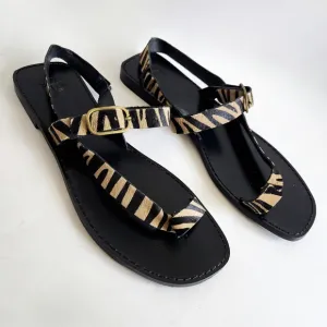 Massimo Dutti Flat Sandals, Black With Leather Animal Print / Cow Hair 41 / 10