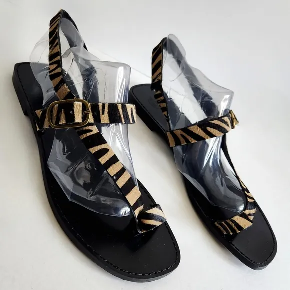 Massimo Dutti Flat Sandals, Black With Leather Animal Print / Cow Hair 41 / 10