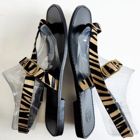 Massimo Dutti Flat Sandals, Black With Leather Animal Print / Cow Hair 41 / 10