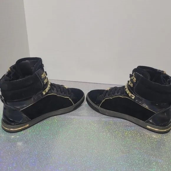Michael Kors Black Suede Gold Studded High Top Sneakers zipper buckle
