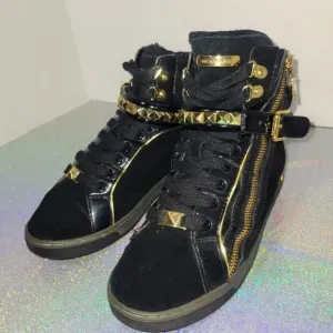 Michael Kors Black Suede Gold Studded High Top Sneakers zipper buckle