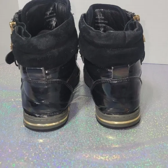 Michael Kors Black Suede Gold Studded High Top Sneakers zipper buckle