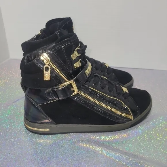 Michael Kors Black Suede Gold Studded High Top Sneakers zipper buckle