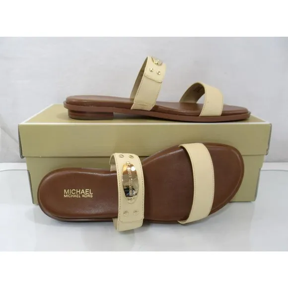 Michael Kors MK Plate Slide Flat Sandal MK Logo Embellished Buttermilk