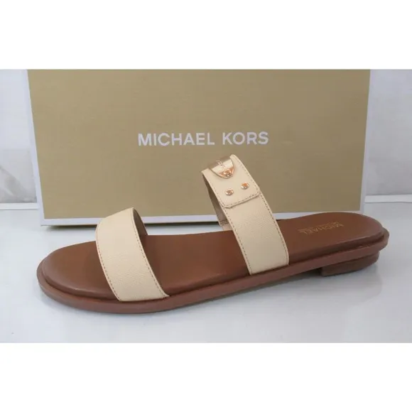 Michael Kors MK Plate Slide Flat Sandal MK Logo Embellished Buttermilk