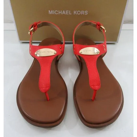 Michael Kors MK Plate Thong Flat T-Strap Sandals Leather Dahlia Pink
