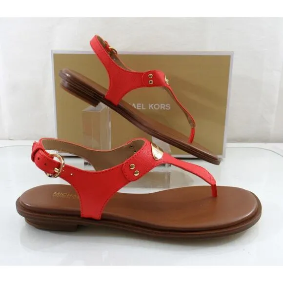 Michael Kors MK Plate Thong Flat T-Strap Sandals Leather Dahlia Pink