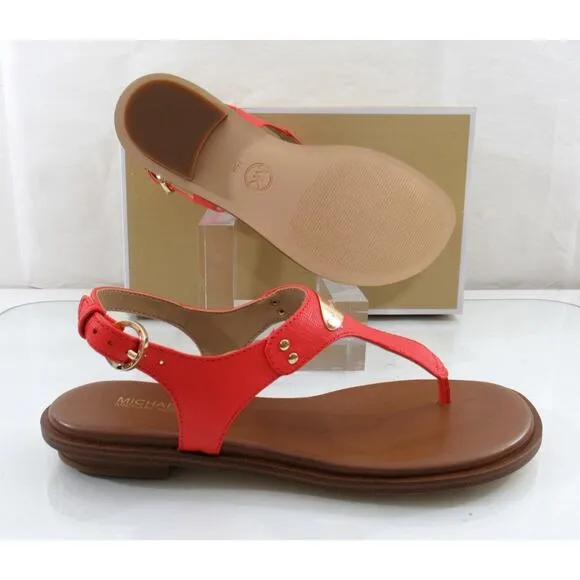 Michael Kors MK Plate Thong Flat T-Strap Sandals Leather Dahlia Pink