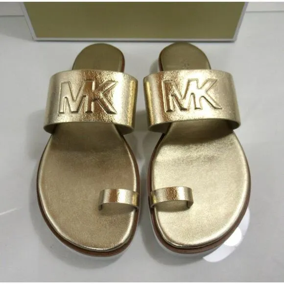 Michael Kors Rosa Metallic Slide Toe Ring Flat Sandal MK Logo Pale Gold Size 8.5
