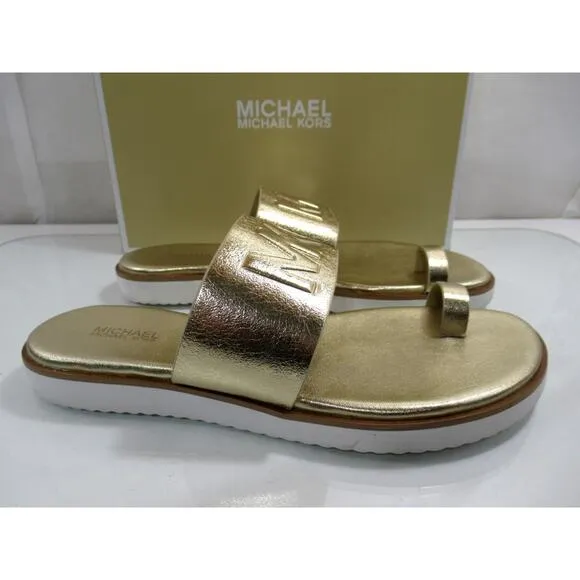 Michael Kors Rosa Metallic Slide Toe Ring Flat Sandal MK Logo Pale Gold Size 8.5