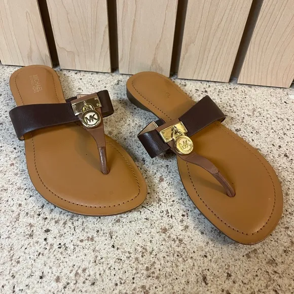 MICHAEL Michael Kors Women's Hamilton Flat Sandals Brown Gold Size 6 M NEW