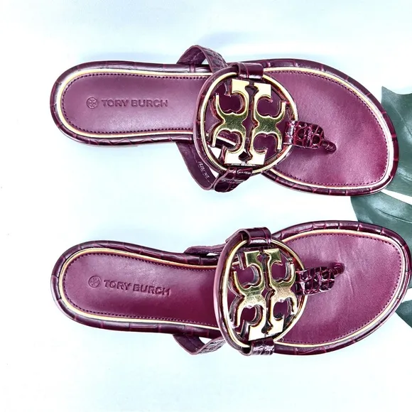 Miller Flat Gold Metal Logo Croc Emboss Sandals
