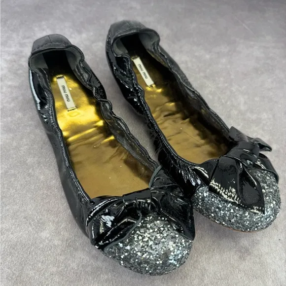 Miu Miu Black Glitter Bow Ballet Flats 38