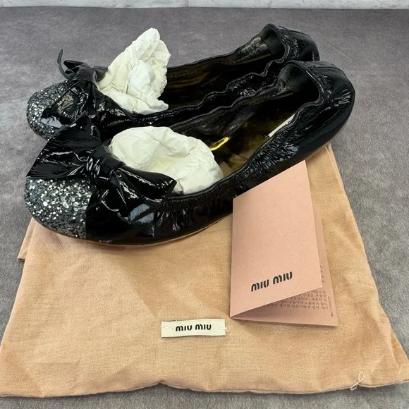 Miu Miu Black Glitter Bow Ballet Flats 38