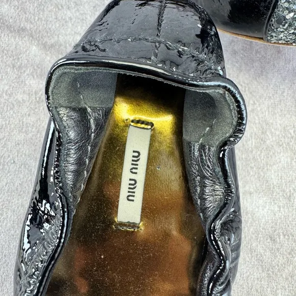 Miu Miu Black Glitter Bow Ballet Flats 38