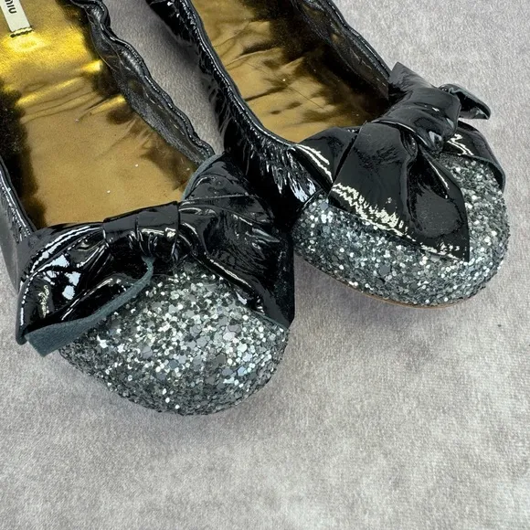 Miu Miu Black Glitter Bow Ballet Flats 38
