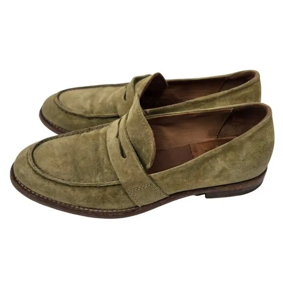 Moma Nottingham Penny Loafer Olive Green Suede Womens 6.5. Handmade in Italy