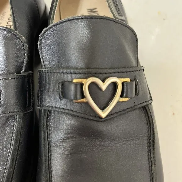 Moschino Girls‎ Black Leather Loafers 33 US 2 Metal heart