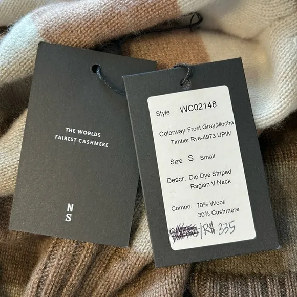 NAADAM Dip Dye Striped Raglan V Neck Frost Gray Mocha Cashmere Wool Sz S NEW