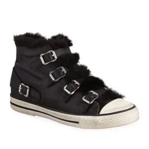 New Ash Valko Leather High-Top Sneakers with Faux Fur Size 38